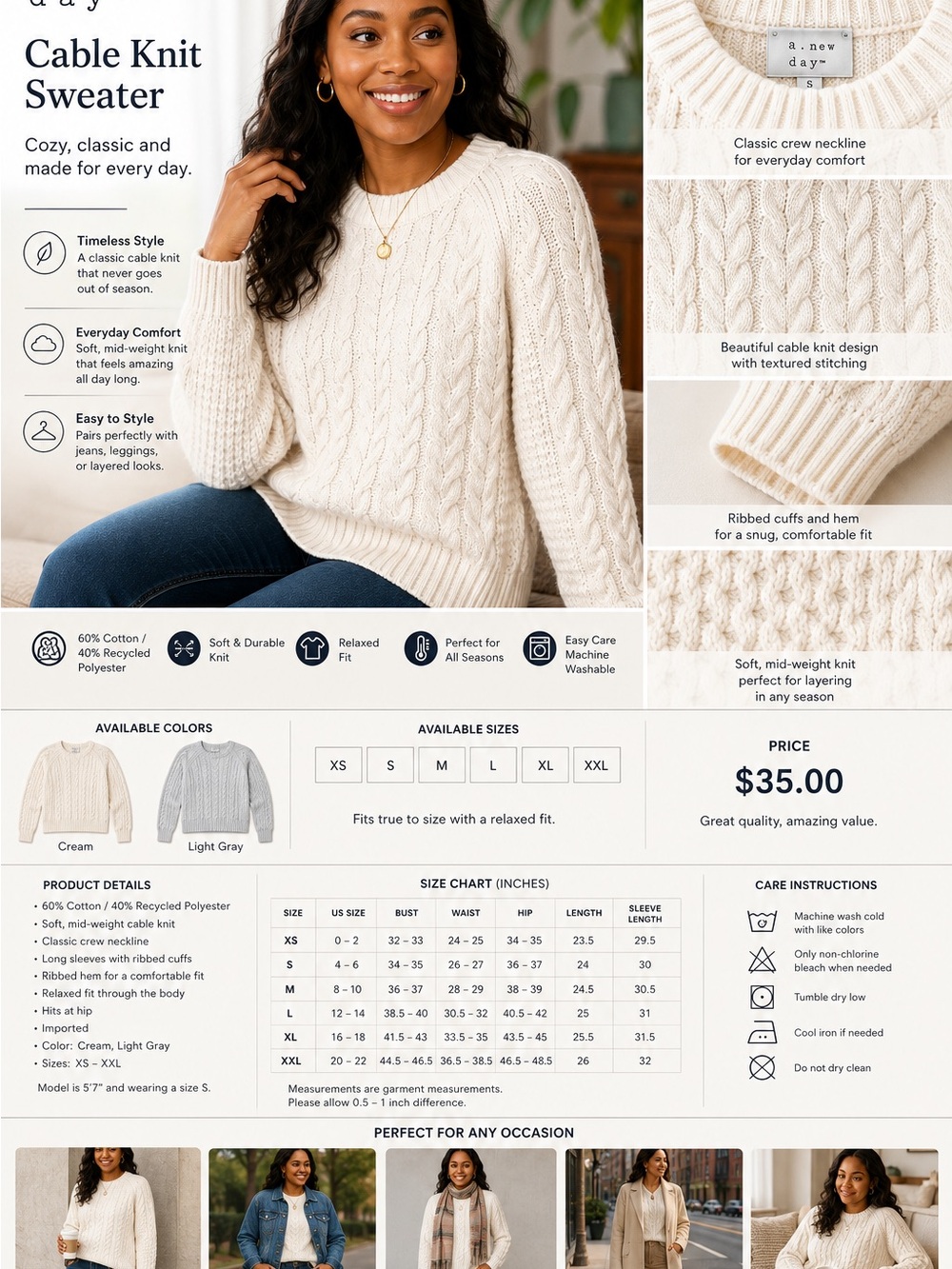 a new day Cream Cable Knit Crewneck Sweater